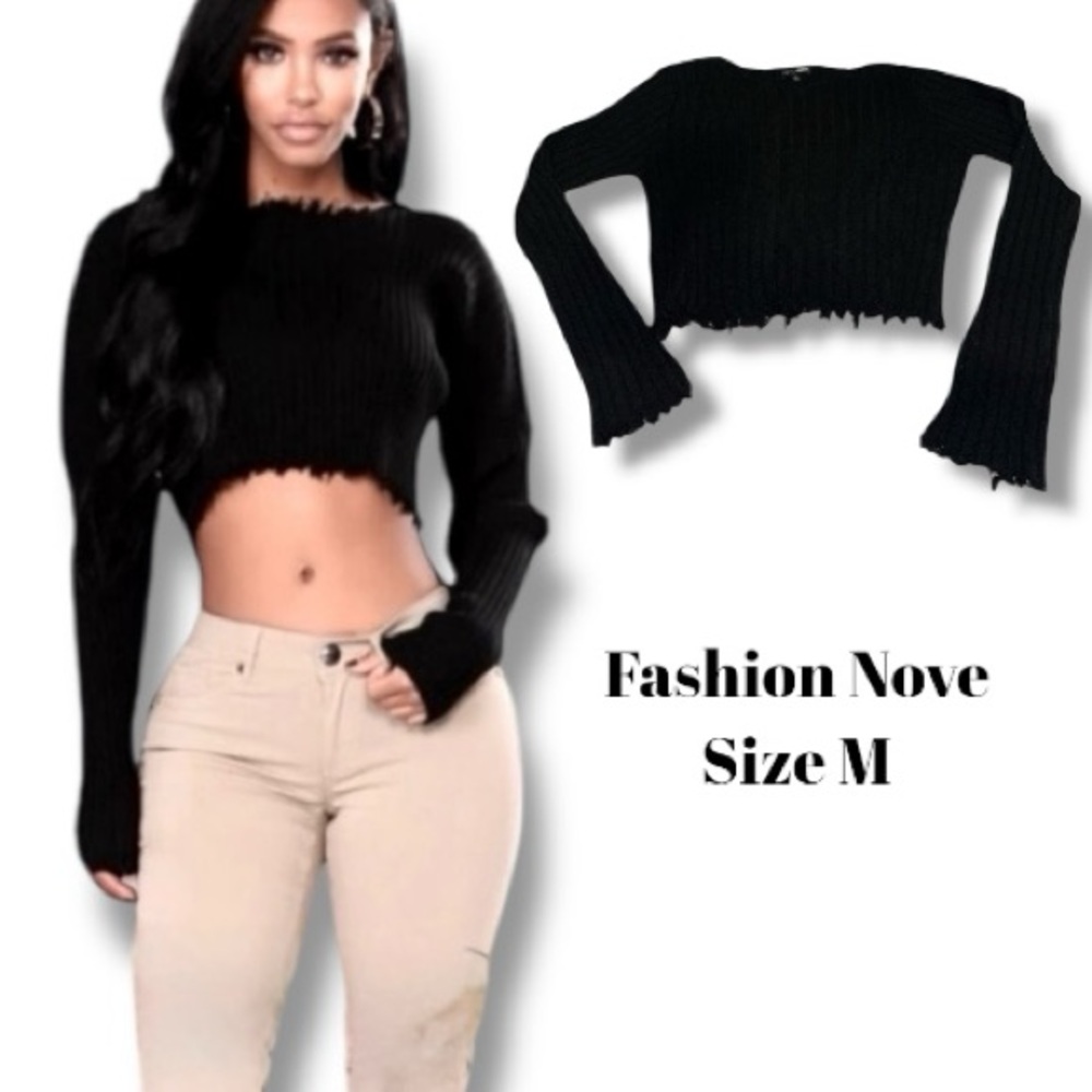 Fashion Nova Top Distressed Raw Edge Black Crop Sweater Size Medium 🖤